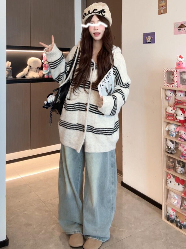 秋冬宽松休闲条纹连帽毛衣外套女中长款慵懒风松弛感针织开衫韩系|undefined