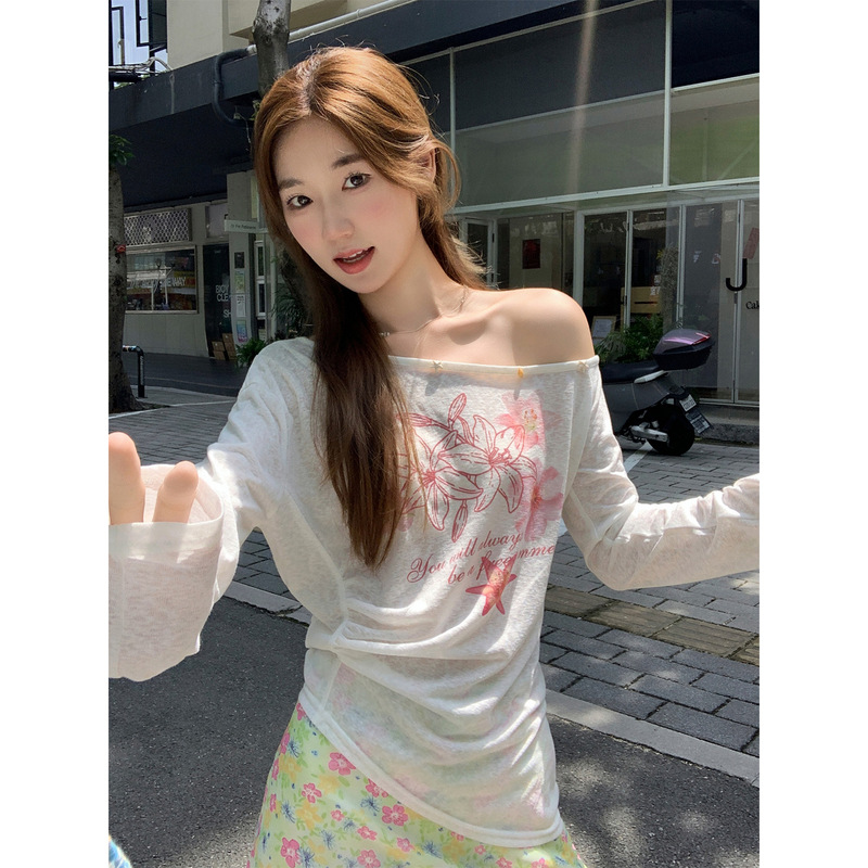 斜领印花长袖t恤女夏季薄款2025新款修身空调衫外搭防晒罩衫上衣|undefined