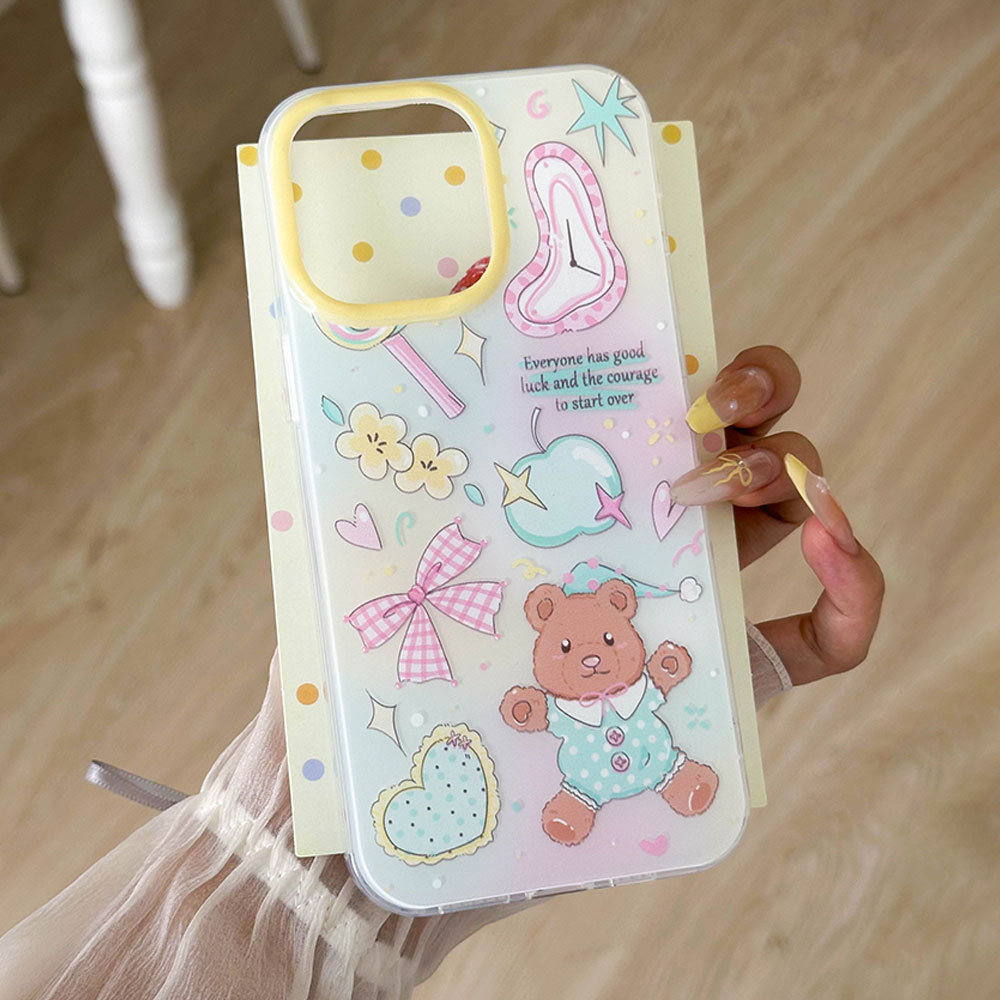 Custodia protettiva con cinturino con fiocco 3C Cartoon Bear compatibile con 16PM Cute 13 Phone Case 15 Pro_voghion.com