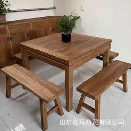 中式老榆木餐桌原木八仙桌实木方形餐馆小餐桌家用麻将马蹄桌椅