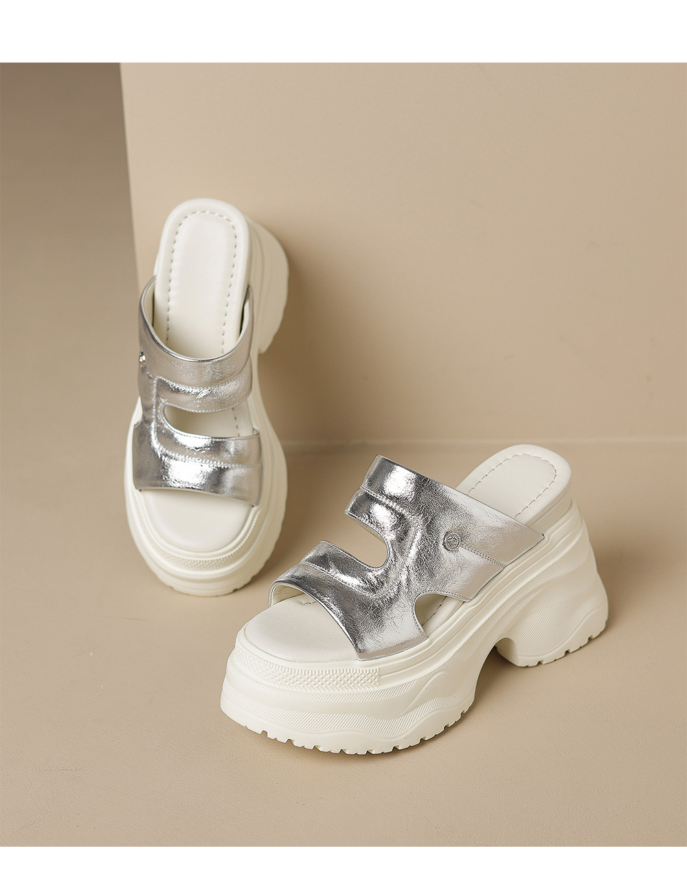 Dép sandal nữ quai ngang đế xuồng cao 12cm da thật đi biển mùa hè — đen, vàng sâm panh, Trắng, bạc chi tiết 13