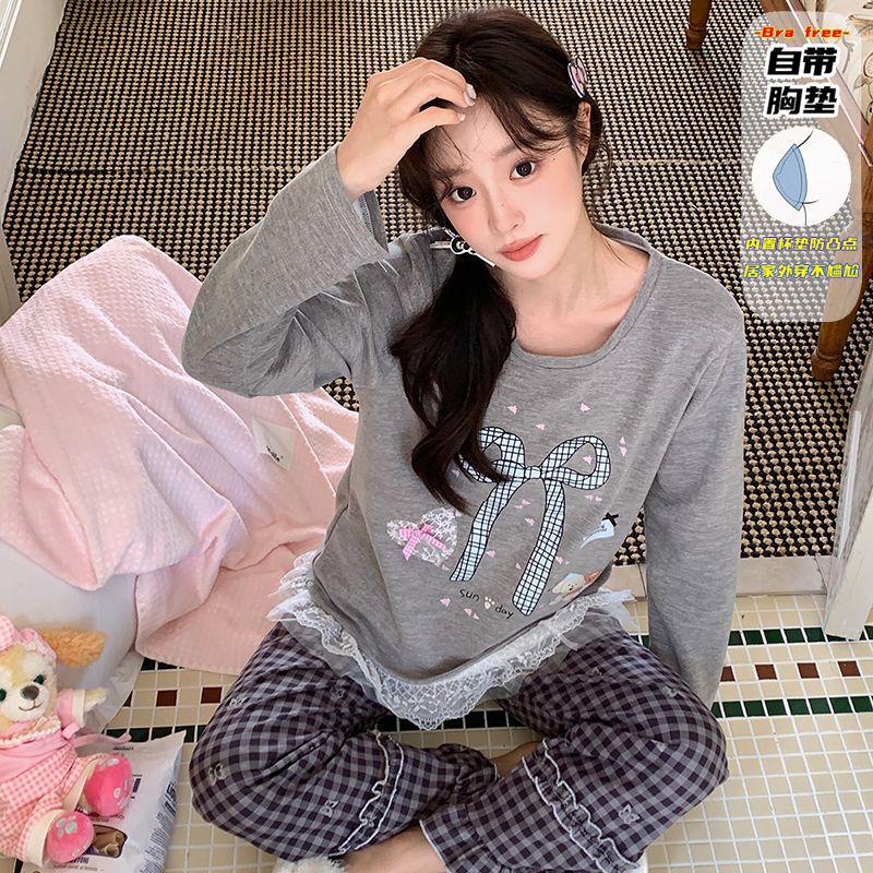 直播睡衣女秋冬新款保暖长袖羊绒蚕丝韩系甜美花边卡通家居服套装|undefined