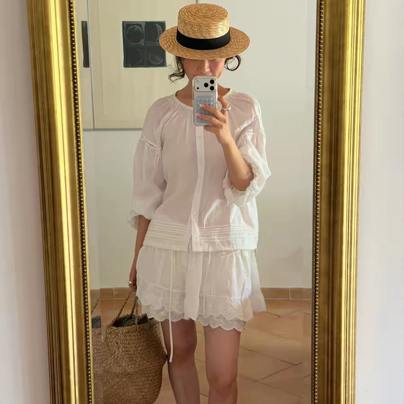 Mona·Sc Korean-Style Lace Round-Neck Tie Long-Sleeve Shirt/Double-Layer Skirt Pants Dongdaemun Summer New Set Mona·Sc Korean-Style Lace Round-Neck Tie Long-Sleeve Shirt/Double-Layer Skirt Pants Dongdaemun Summer New Set