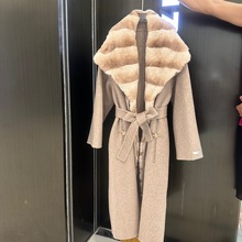 欧货龙猫纹毛领羊绒双面呢大衣中长款加厚保暖贵妇气质皮草外套女