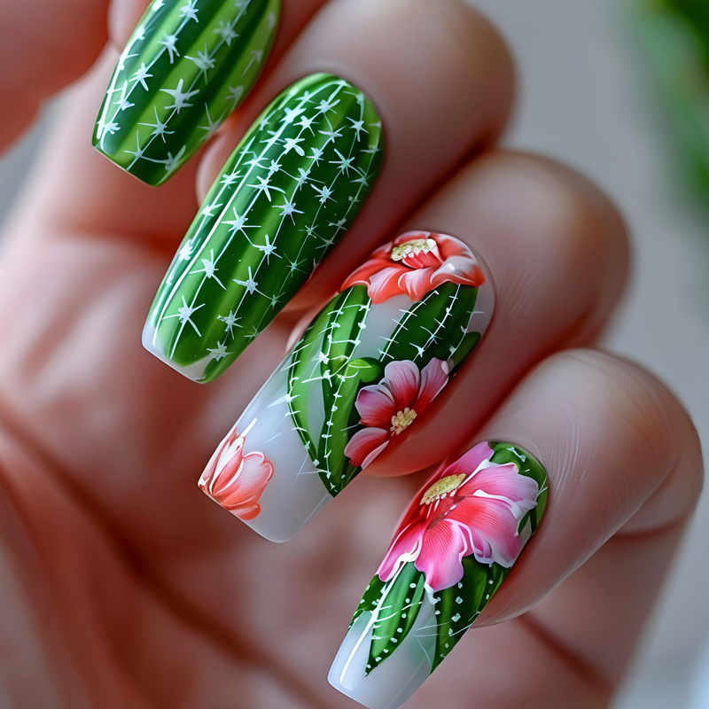 24 Pieces of Hot-Selling Long-Lasting Wearable Nails, European and American Fashion Lotus and Cactus Nail Art, Fresh and High-End Nail Art 24 Pieces of Hot-Selling Long-Lasting Wearable Nails, European and American Fashion Lotus and Cactus Nail Art, Fresh and High-End Nail Art
