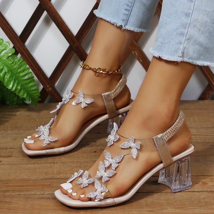 summer women's slip-ons for leisure square toe with rhinestones