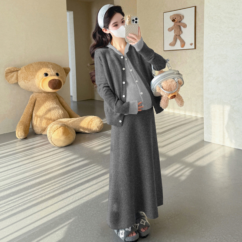 孕妇装2025秋冬新款甜美韩版时尚假两件外套+托腹调节半身裙套装|undefined