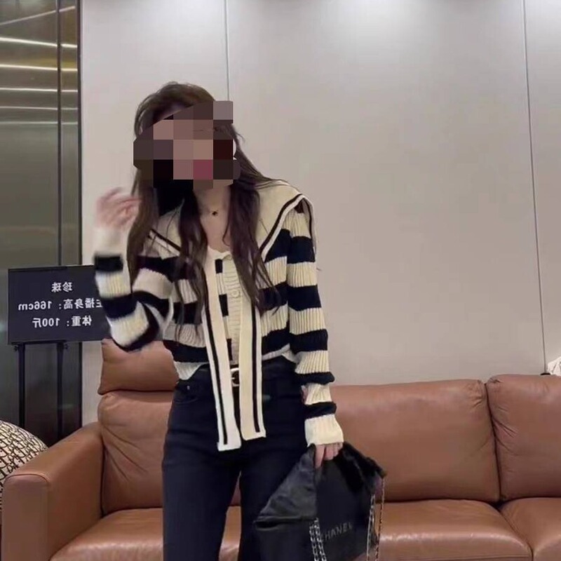 Design sense navy collar striped sweater for women 2023 autumn new fashion all-match casual long-sleeved sweater cardigan Design sense navy collar striped sweater for women 2023 autumn new fashion all-match casual long-sleeved sweater cardigan