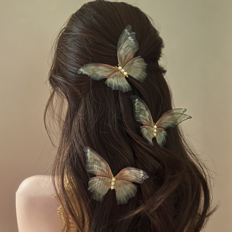 Summer Fairy Double Layer Thin Sheer Butterfly Hair Clip with Retro High-End Design and Elegant Forehead Edge Clip