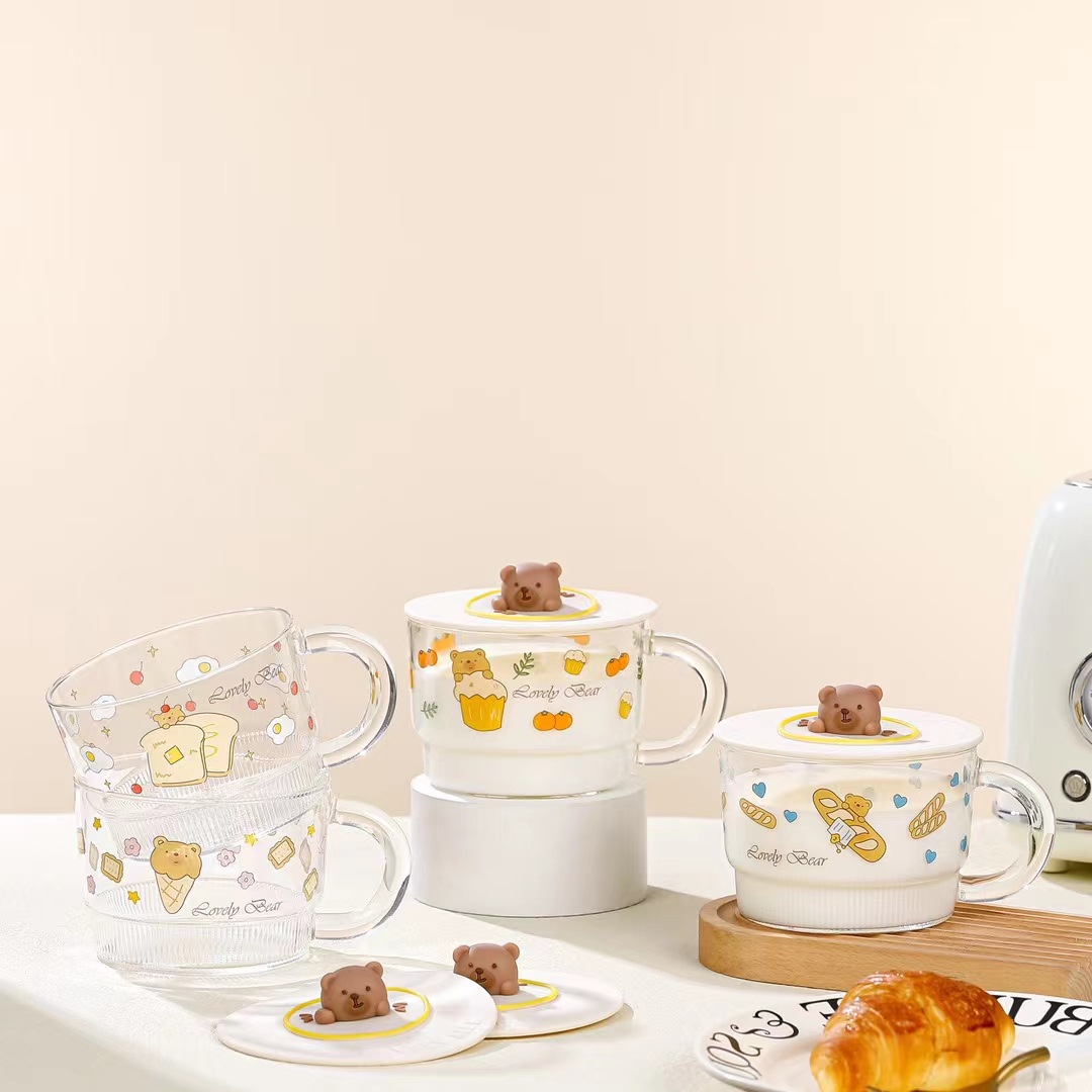 Creativo lindo pan oso de dibujos animados de vidrio de gran capacidad taza de agua de vidrio con tapa taza de desayuno taza de regalo personalizada