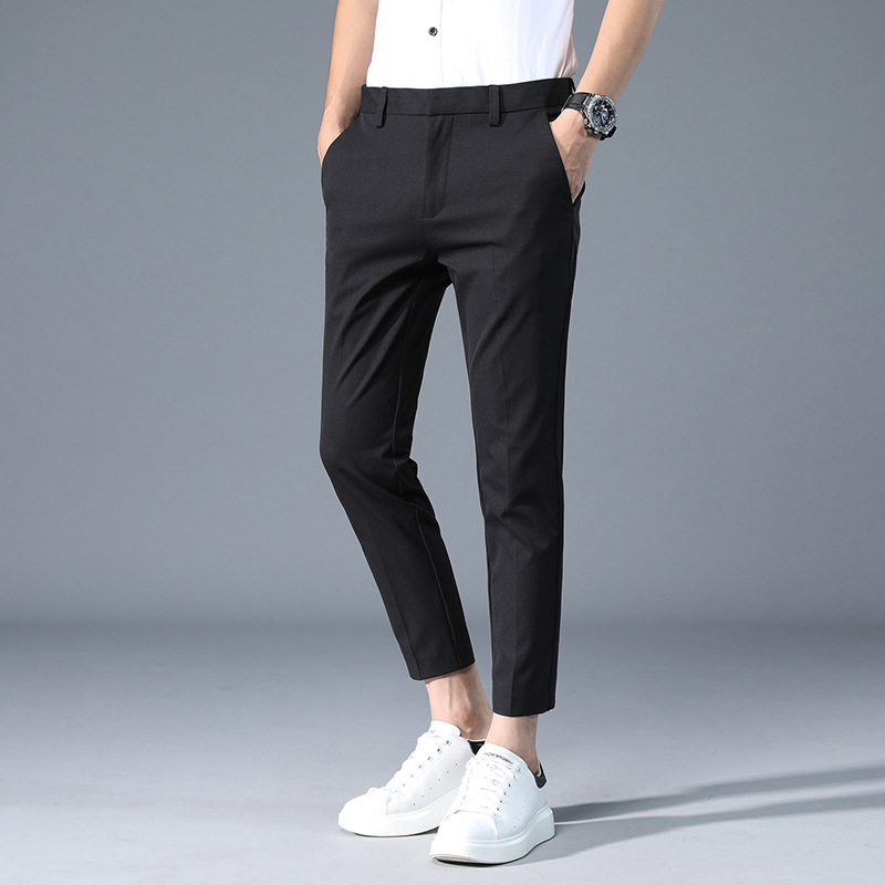 Tall Nine-Point Pants for Men, Slim Straight Casual Pants for Boys, Four-Season Drapedy Anti-Wrinkle Texture, Regular Small Trousers