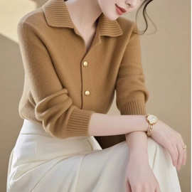 2024新款冬季翻领单排扣长袖针织衫女士软糯气质减龄上衣开衫