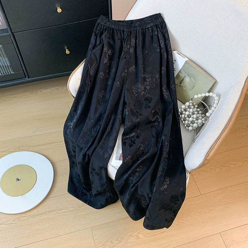 Retro trousers, Chinese style, elastic waist, loose straight fit