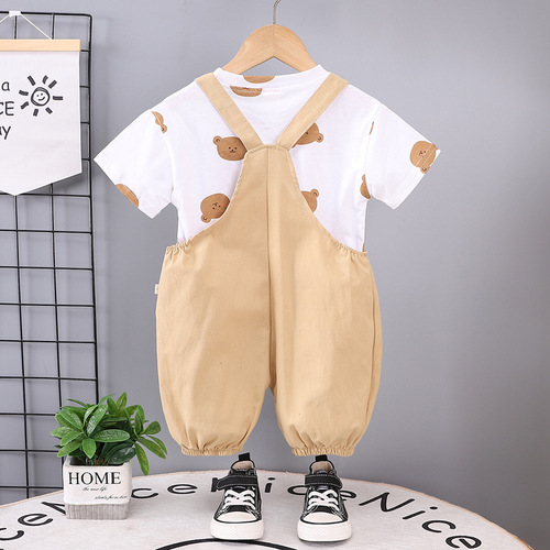 Foreign trade children's summer boys' and girls' overalls two-piece set 0-5 years old children's all-over printed crew neck short-sleeved suit
