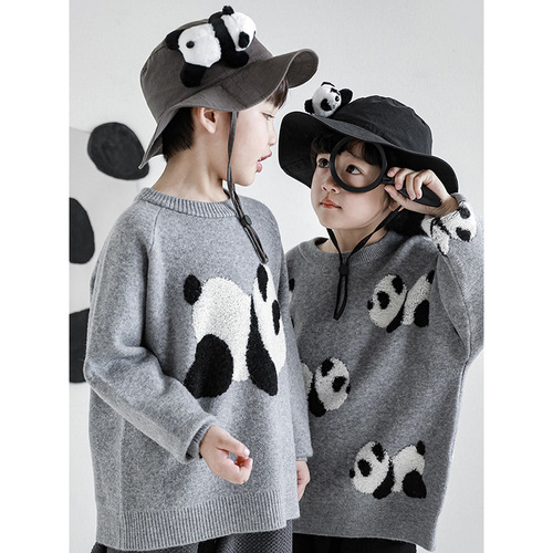 Wulibu Yi Children's Panda Embroidered Round Neck Knitted Sweater Casual Top 2024 New Boys' Sweater Trend