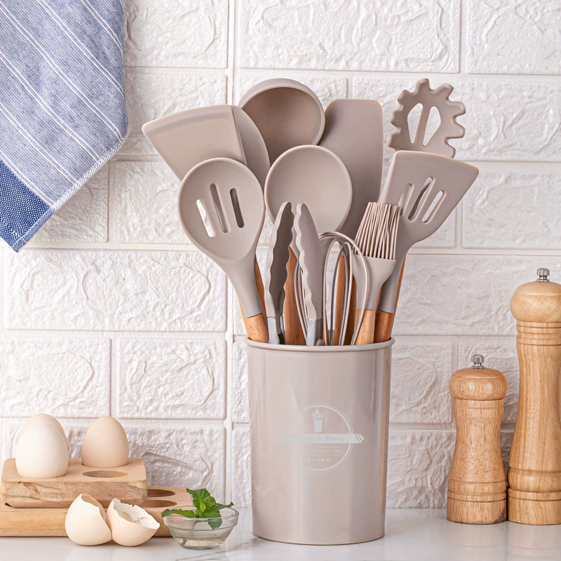 Cocina antiadherente olla barril de almacenamiento mango de madera utensilios de cocina de silicona 12 piezas de utensilios de cocina de silicona 11 piezas traje