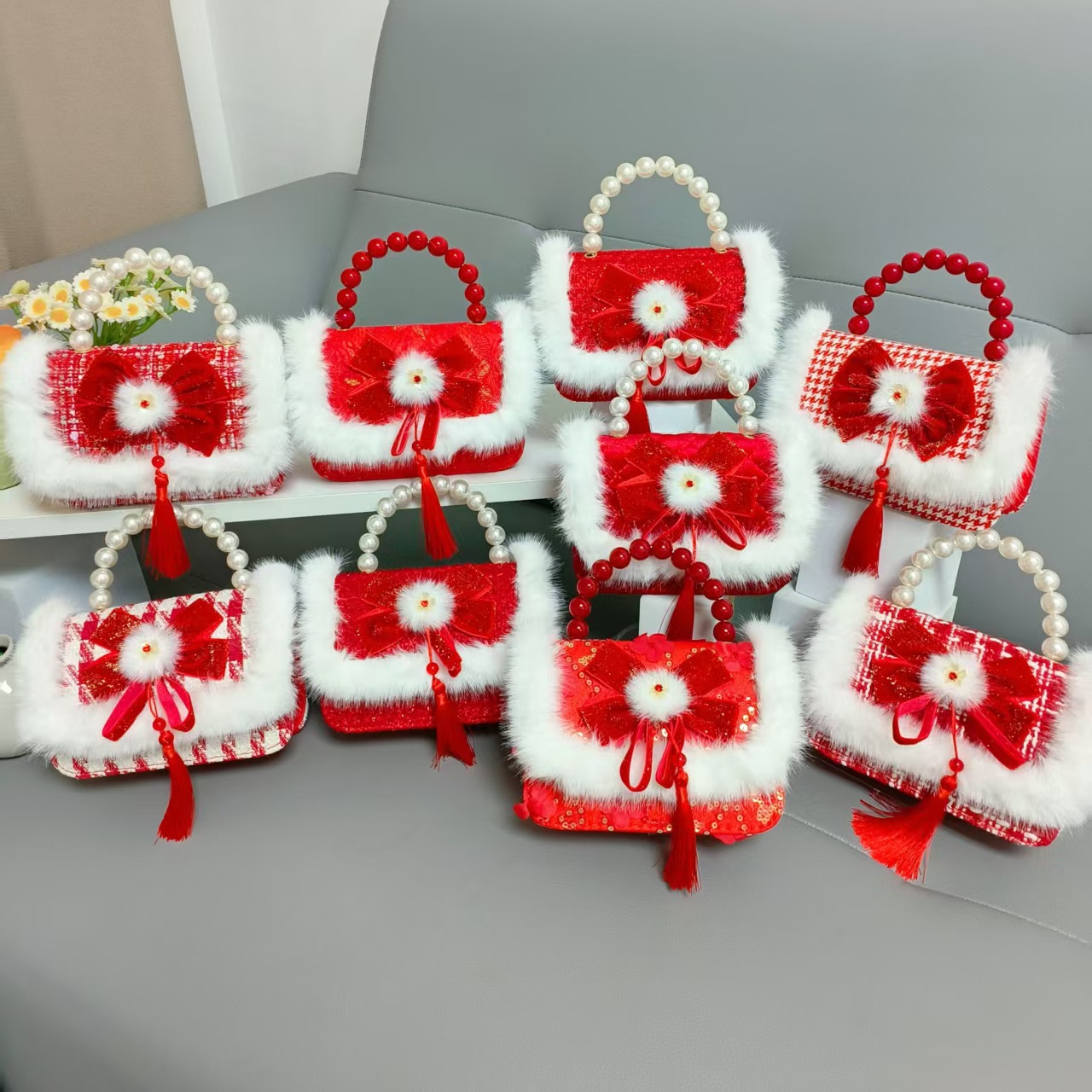Gran bolso portátil de perla roja, cadena de arco, bolso cuadrado, bolso de Año Nuevo para chicas, bolso de Año Nuevo, viento fragante