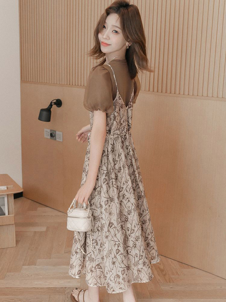 여름 얇은 퍼프 슬리브 스티칭 쉬폰 꽃 스트랩 원피스 통통녀 느슨한 슬림 배꼽 커버 가짜 투피스 원피스