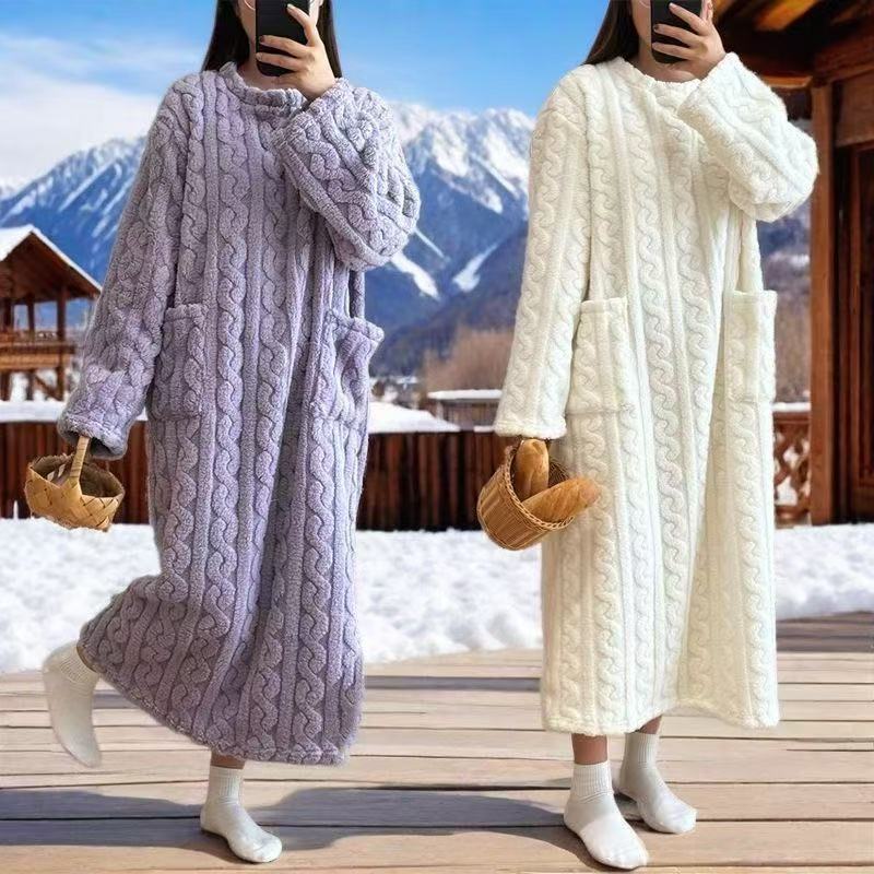 Women's Autumn and Winter Bathrobe, Thickened Women's Pajamas, Loose Long-Sleeved Coral Velvet, Large Size Absorbent Bath Towel That Can Be Worn All over the Body
