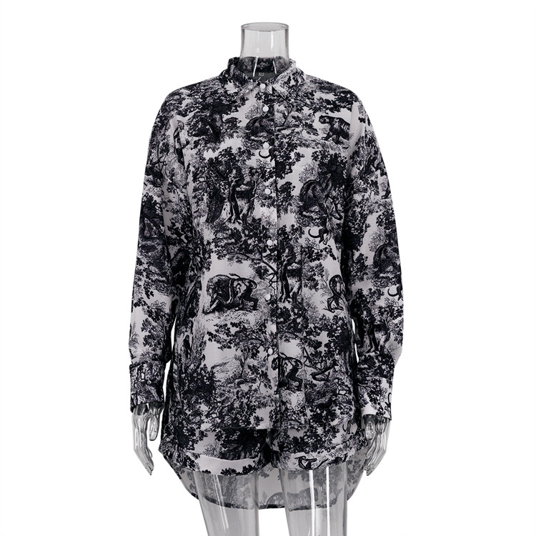 436g Weight Long Sleeve Sleeve Length Polyester Fabric Type Shorts Co-ord Set Sets Type 3 Pieces Set Quantity Holiday Occasion V Neck, Turndown Neckline Loose Fit Type Animal, Plant Pattern Summer, Spring Season Women's Gender Printing, Button Design Vintage Style, Streetwear Style Holiday Women's Vintage Style Streetwear Animal Plant Polyester Printing Button Shorts Co-ord Set Shorts Sets 8