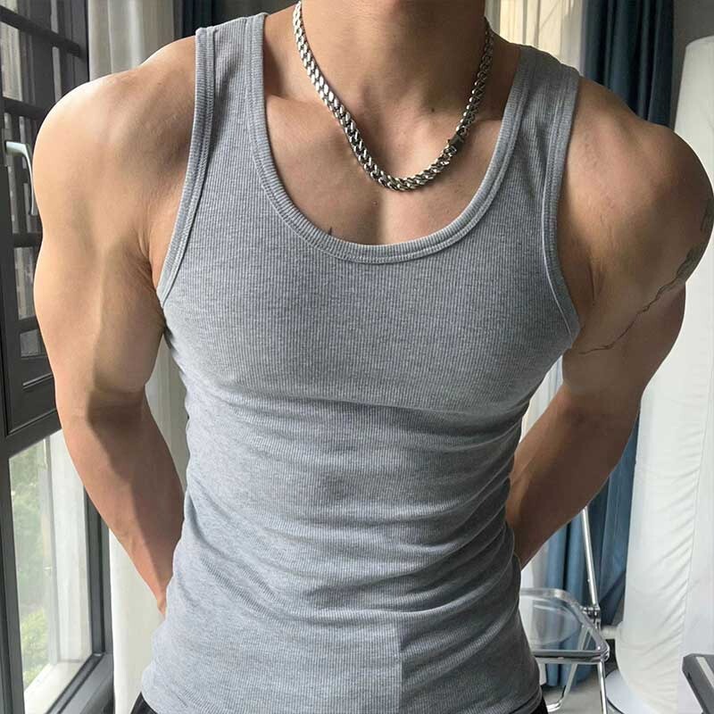 纯棉背心男运动健身紧身修身打底弹力无袖跨栏内穿夏季两根筋汗衫|undefined