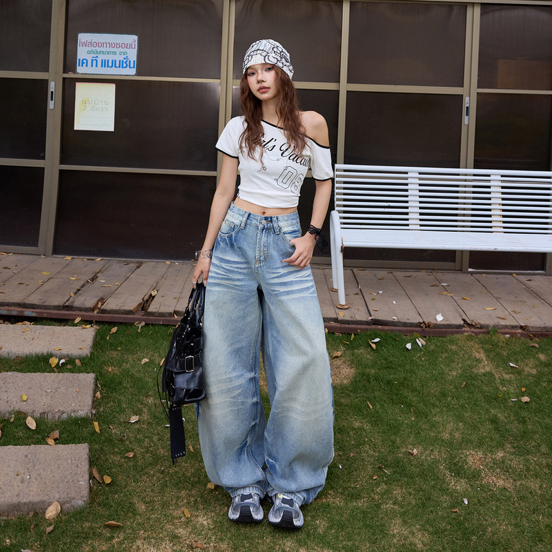 Yc&2 Color American Retro High-Waisted Loose Wide-Leg Pants with Cat Claw Pattern, Versatile Spring and Summer Jeans for Women, New Style Yc&2 Color American Retro High-Waisted Loose Wide-Leg Pants with Cat Claw Pattern, Versatile Spring and Summer Jeans for Women, New Style