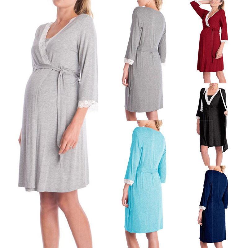 Cross-border supply Europe and the United States best selling fashion lace seven sleeve maternity short sleeve dress robe pajamas