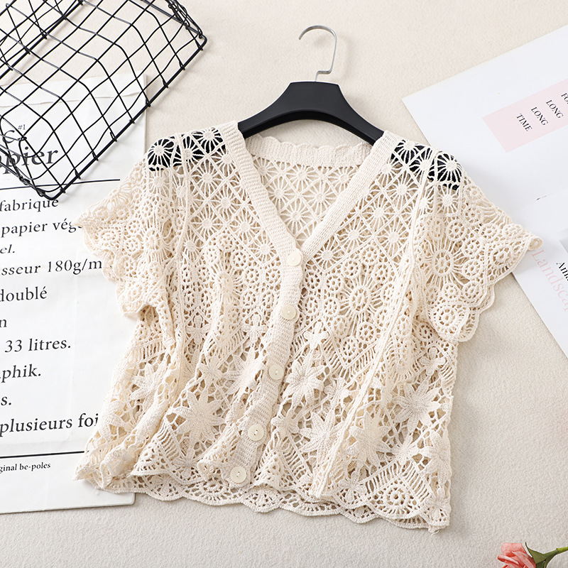 Crocheted Cut Out Shawl Spring and Summer Small Outwear with Skirt Knitted Short-Sleeved Top for Women 2025 New Thin Short Cardigan