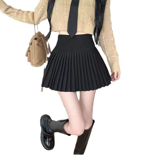 Sweet Short Skirt with Pleats, White, High-Waisted, Slimming, 2025, Non-Slip, Flare Hem