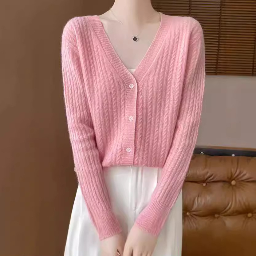 공장 스트레이트 헤어 가을 새로운 부드러운 왁스 니트 카디건 트위스트 탑 솔리드 컬러 V 넥 카디건 여성