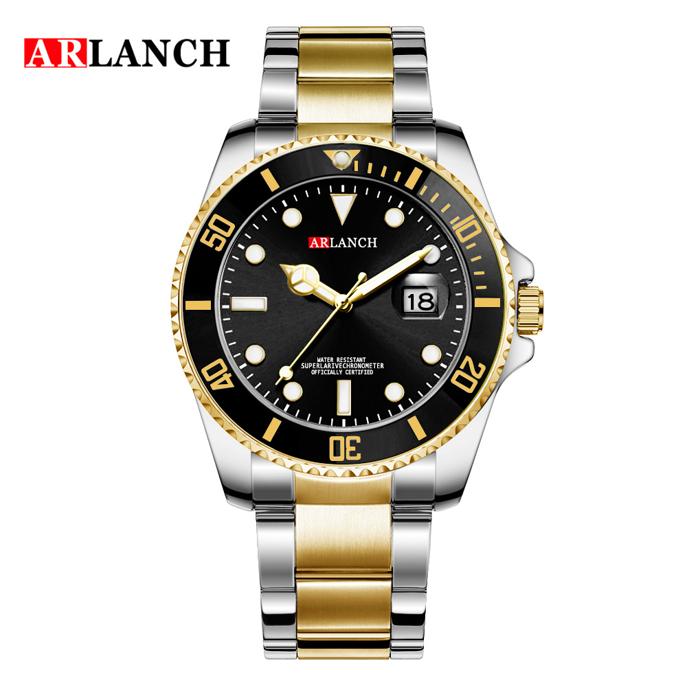 Nuevo calendario impermeable Lux hombres de negocios reloj de oro verde agua fantasma correa de acero reloj arlanch 306