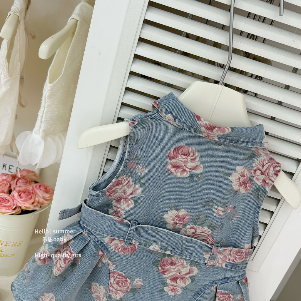 [Ropa para niños Le En] Vestido de mezclilla delgado con solapa sin mangas de verano para niñas de alta calidad con estampado completo