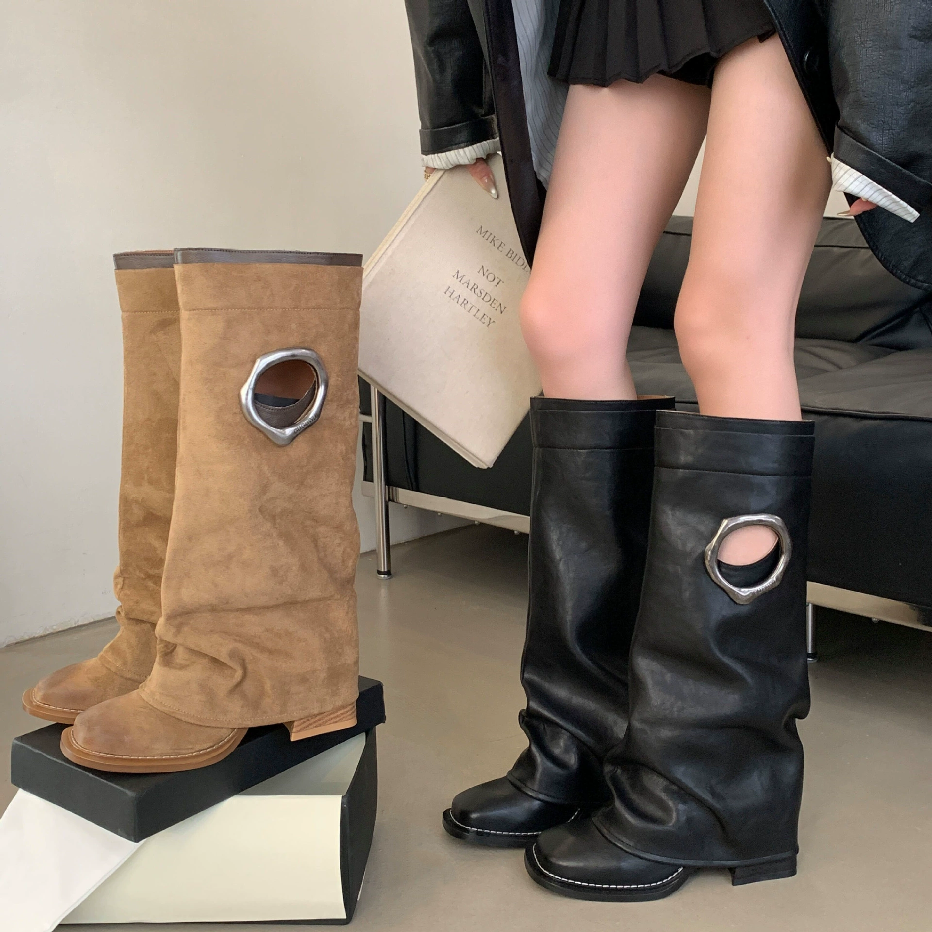 2025 новые узкие ботинки для ночных клубов, модные ботинки до колена для миниатюрных, прямые цветные ботинки для женщин на осень и зиму