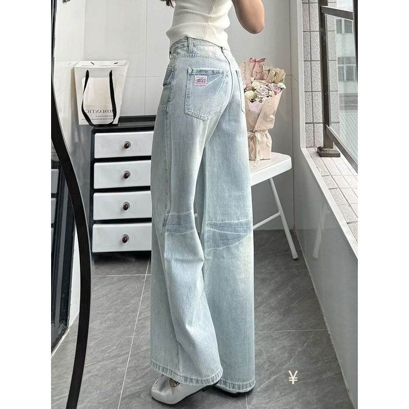 Light Blue Wide-Leg Jeans for Women, 2026 Summer New Style, Distressed Whiskered Low-Waist Loose Fit, Slimming and Drapey Straight-Leg Pants