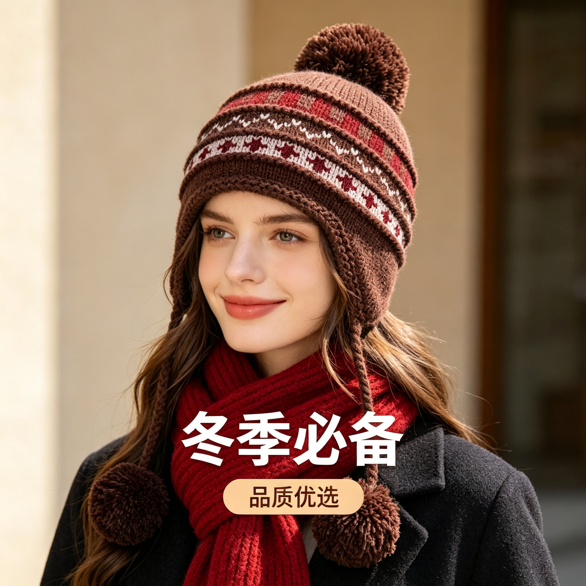 费尔岛针织帽女秋冬保暖加绒显脸小毛球毛线帽防风防寒护耳针织帽