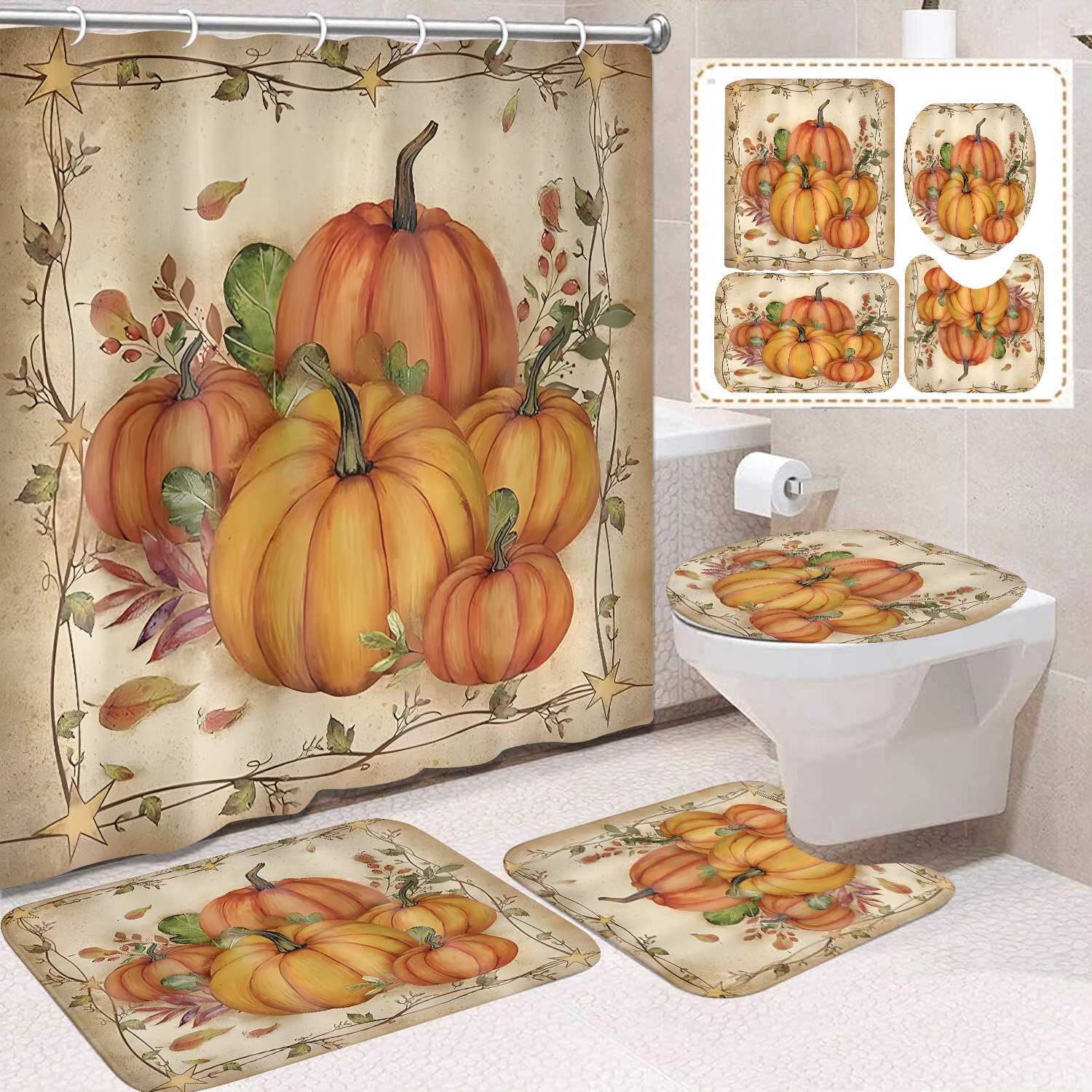 Cortina de ducha de Acción de Gracias, cosecha de otoño, serie de calabaza, cortina de ducha, cortina de baño, cortina de baño impermeable de poliéster, cortina de baño de cuatro piezas image 53