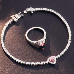 18k white gold love ring, light luxury, nurturing heart-shaped pink treasure ring for women, 18k white gold heart-shaped tennis bracelet for women