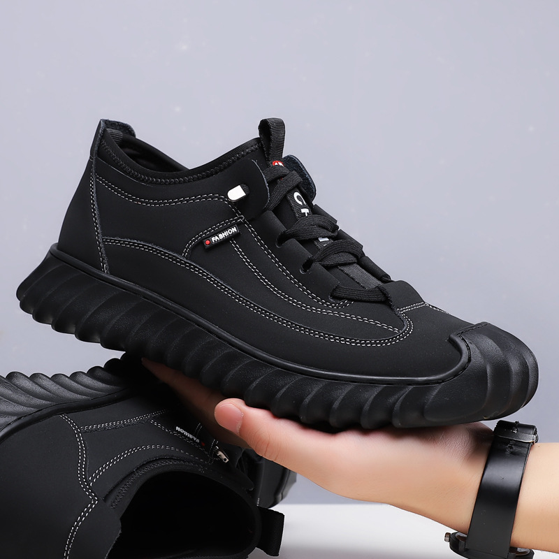 Zapatos nuevos de otoño/invierno para hombre, de cuero, suela gruesa, para exteriores, caña media, color negro, seguridad, casuales, deportivos, senderismo._voghion.com