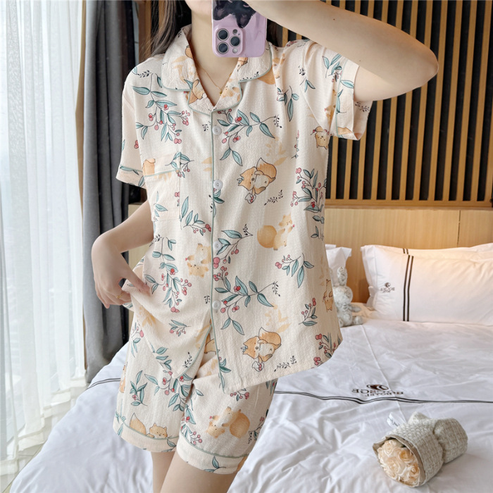 睡衣女夏季梭织泡泡棉皱布ins公主风可爱短袖夏天薄款家居服套装|undefined
