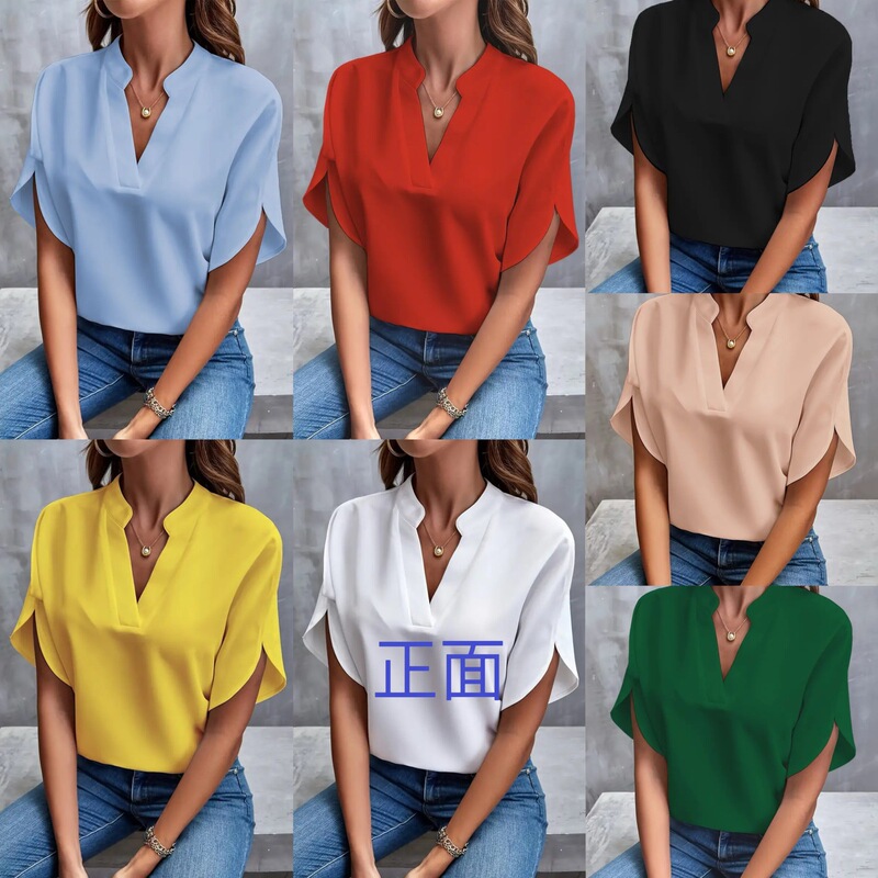 Cross-border supply Amazon foreign trade summer V-neck shirt women's solid color casual foreign trade Europe and the United States short sleeve pullover shirt