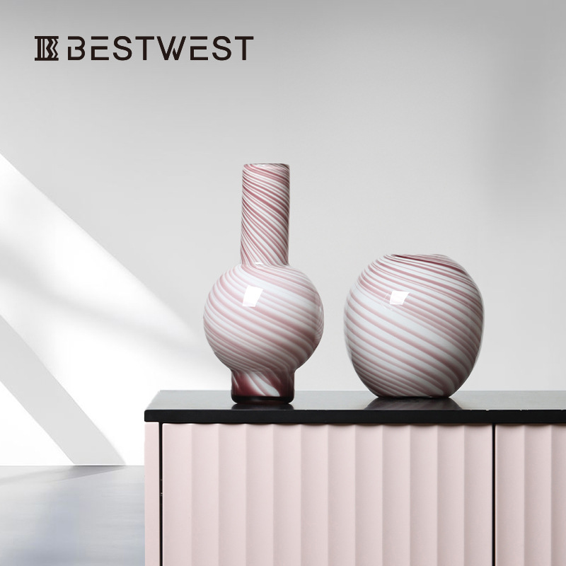 Best West Brown Striped Gourd Hydroponic Glass Vase Ornaments Home Soft Furnishing Model Room Decorative Flower Holder