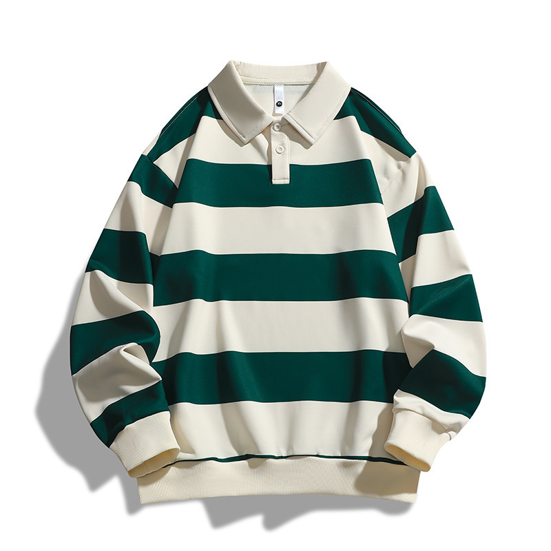 クロスボーダーメンズTシャツ春秋ポロストライプスウェットシャツ暖かいゆったり秋ラペル長袖万能長袖Tシャツ|undefined