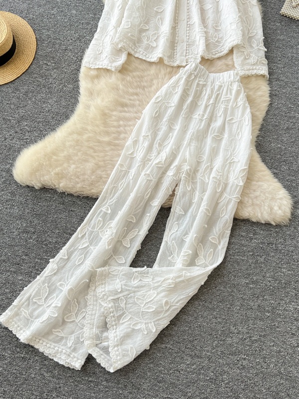 韩系穿搭女轻熟风百搭重工叶子刺绣宽松长袖开衫衬衫高腰阔腿长裤|undefined