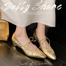 软羊皮褶皱单鞋女尖头粗跟浅口系带玛丽珍鞋网红时尚潮金色银色