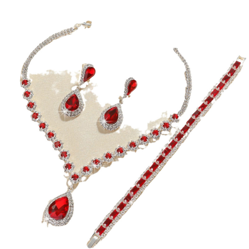hot selling white, blue, green and red water drop crystal necklace earrings set jewelry 4 piece set_voghion.com