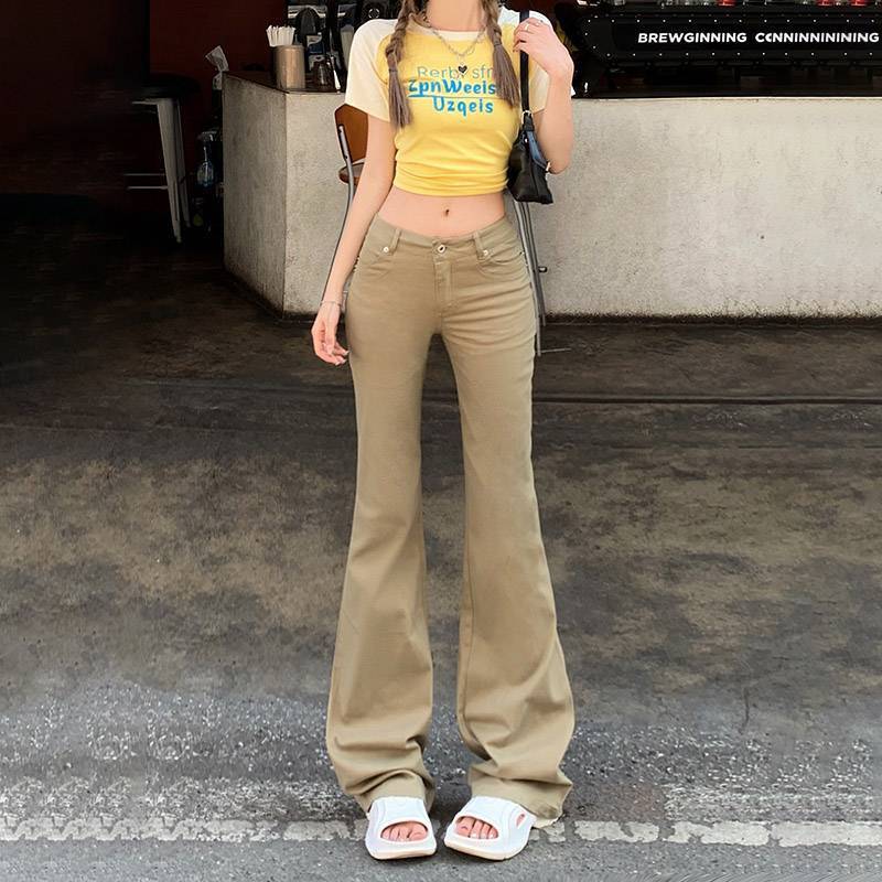 批发美式复古低腰辣妹修身喇叭裤百搭显瘦弹力牛仔裤女长裤加长|undefined