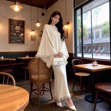 韩版纯色不规则两件套女25秋冬新款慵懒风流苏披肩上衣半身裙套装