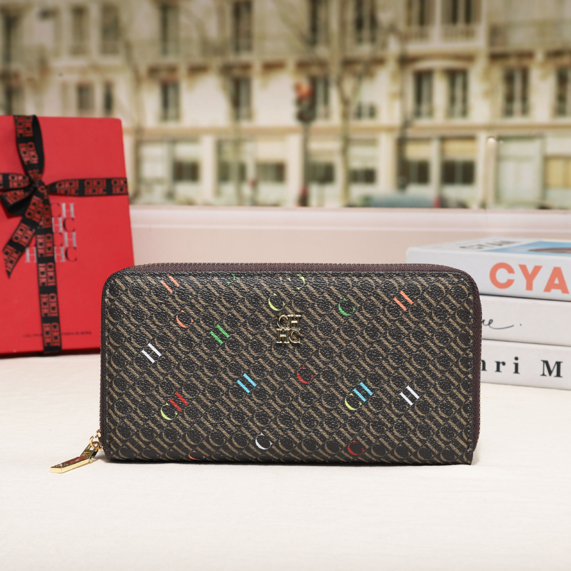 CHHC nuevo bolso 2025 moda femenina billetera con cremallera clásica textura real bolso largo unisex