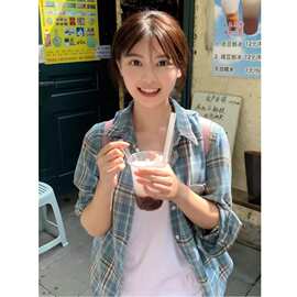 CD722 韩系图色格子长袖衬衫秋季新款复古宽松慵懒风上衣开衫外套