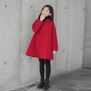 2021 Winter New Girls' Woolen Coat Festive Red Mid-length Coat Korean Children's Winter Wear